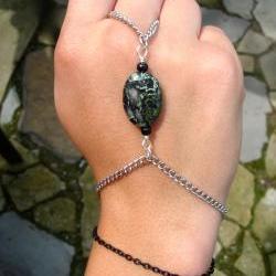 Slave Bracelet with Camouflage Jasper Stone  Silver and Black Chain ring and bracelet